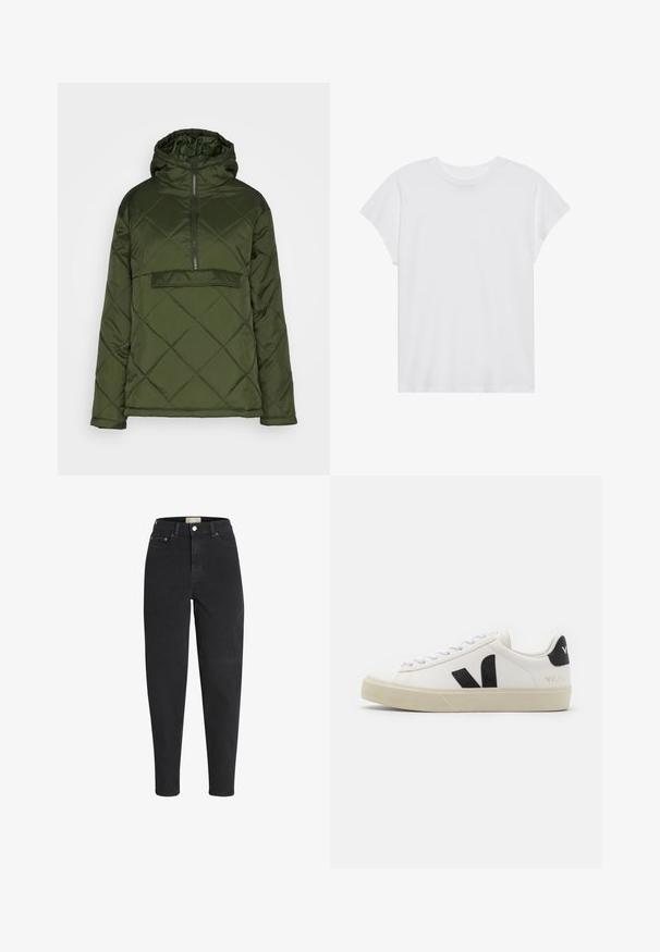 Denim Project WAURORA JACKET - Jas - deep depths; Witte t-shirt met korte mouwen, ronde hals, relaxte pasvorm, gemaakt van zacht katoen. Glad textuur, geen patronen of logo's.; Zwarte jeans met hoge taille en taps toelopende pijpen, voorzien van een knoop- en ritssluiting aan de voorkant, voor- en achterzakken en metalen klinknageldetails.; Witte leren sneaker met zwart rubberen V-logo. Getextureerde off-white zool, witte veters en een achterkant met een detail van de merknaam in het zwart.