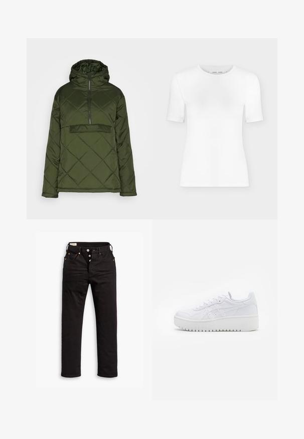 Denim Project WAURORA JACKET - Chaqueta de entretiempo - deep depths; Camiseta blanca de manga corta con cuello redondo, ajuste slim y textura de tejido acanalado, mostrada sobre un fondo liso gris claro.; Vaqueros negros de pierna recta con cierre de botón, bolsillos delanteros y traseros, y detalles de remaches de cobre sobre un fondo blanco.; Zapatillas de plataforma blancas con una textura de cuero suave, detalles perforados y cordones planos; cuentan con una suela de goma blanca gruesa.