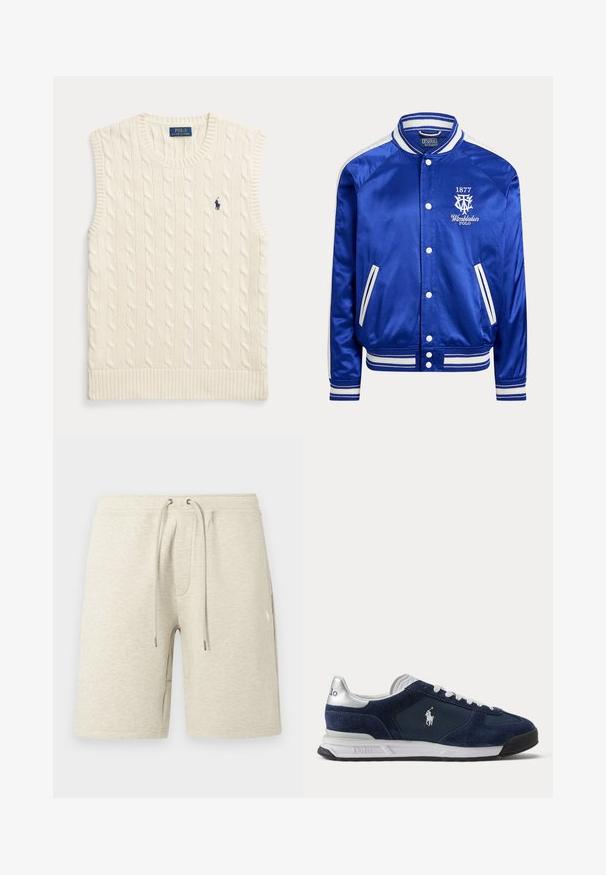 Modrá saténová varsity bunda s bielym pruhovaným golierom, manžetami a lemom, s bielymi cvokmi a logom Wimbledon Polo 1877 na hrudníku.; Krémová bezrukávová sveterová vesta so vzorom vrkočového pletenia, s rebrovanými lemami a malým tmavomodrým logom Polo Ralph Lauren na ľavej strane hrude.; Béžové športové šortky z textúrovanej látky, s elastickým pásom na šnúrku a bočnými vreckami. Jemný detail s logom.; Pánska Polo teniska v námorníckej modrej a bielej farbe s semišovými a sieťovinovými panelmi, bielymi šnúrkami a logom Polo na boku a päte.