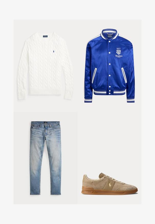 Modrá saténová varsity bunda s bielym pruhovaným golierom, manžetami a lemom, s bielymi cvokmi a logom Wimbledon Polo 1877 na hrudníku.; Biely sveter s okrúhlym výstrihom pletený vzorom vrkoča, s dlhými rukávmi a malým modrým logom Polo Ralph Lauren na ľavej strane hrudníka.; Svetlomodré denimové nohavice s bledým povrchom, dizajnom na päť vreciek a kontrastným prešívaním. Obsahujú zips a pútka na opasok. Rovný strih.; Béžové nízke tenisky z brúseného semišu a kože s gumovou podrážkou, bielymi šnúrkami a logom Polo na boku a na podrážke.