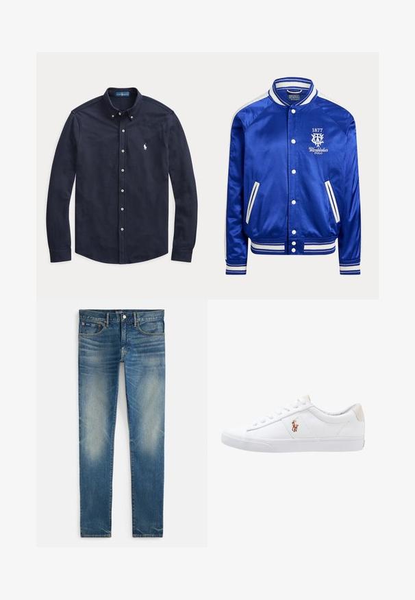Blaues Satin-Varisty-Jacke mit weiß gestreiftem Kragen, Bündchen und Saum, weißen Druckknöpfen und Wimbledon Polo 1877-Logo auf der Brust.; Marineblaues langärmliges Hemd mit weißen Knöpfen und kleinem weiß gesticktem Logo auf der linken Brust.; Blaue, verwaschene Slim-Fit-Jeans mit Knopf- und Reißverschluss, vorne mit Haupt- und kleinem Münztaschen, flach auf weißem Hintergrund liegend dargestellt.; Weiße Leinensneaker im Low-Top-Design mit einem beigen Ferseneinsatz und einem kleinen gestickten Logo an der Seite. Gummisohle.