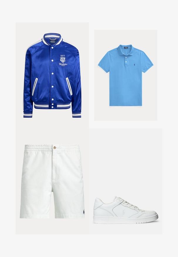 Chaqueta varsity de satén azul con cuello, puños y bajo a rayas blancas, botones a presión blancos y logotipo de Wimbledon Polo 1877 en el pecho.; Polo de manga corta azul claro con dos botones y un pequeño logo bordado en azul oscuro en el pecho izquierdo.; Pantalones cortos blancos para hombre con cinturilla elástica, cierre de botón, bolsillos laterales y pequeño logo oscuro cerca del dobladillo inferior en una pierna.; Zapatilla de cuero blanca con textura suave, que presenta una puntera perforada, cierre de cordones y logo bordado en el lateral. Suela de goma blanca.