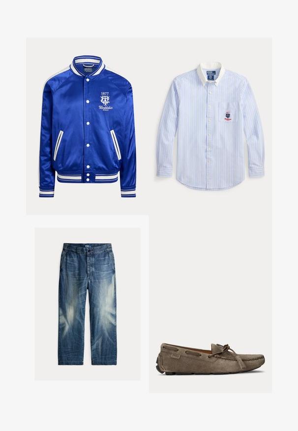 Blå satin varsityjakke med hvidstribet krave, manchetter og kant, hvide trykknapper og Wimbledon Polo 1877-logo på brystet.; Lyseblå langærmet skjorte med hvide lodrette striber, hvid krave, brystlomme og broderet "1877 Wimbledon Polo"-logo.; Blå falmede denimjeans med forlommer, bæltestropper, knaplukning og mærket "Polo by Ralph Lauren" på indersiden af linningen.; Lysebrun ruskindsslipper med snøre- og duskedetalje, syet moc-tå og gummiydersål, sidevisning.