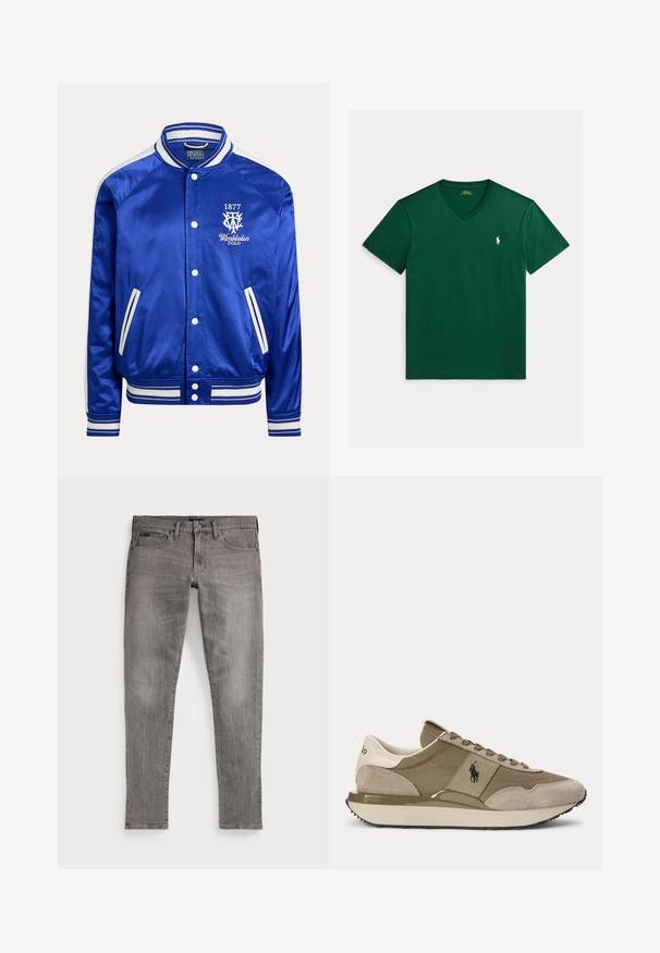Sinine satiin varsity jakk valge triibulise krae, varrukate ja äärega, valgete trukkidega ja Wimbledon Polo 1877 logoga rinnal.; Tumedas roheline V-kaelusega lühikeste varrukatega T-särk, millel on vasakul rinnal väike valge Polo Ralph Laureni tikitud logo.; Hallid teksapüksid, kitsas lõige, sirgete säärtega. Omavad klassikalist viit taskut, õmblusdetailide ja kerge kulumise tekstuuri.; Bežide ja pruuni tossu külgvaade, millel on seemisnahast detailid ja Polo logo küljes, ühevärvilise tausta ees.