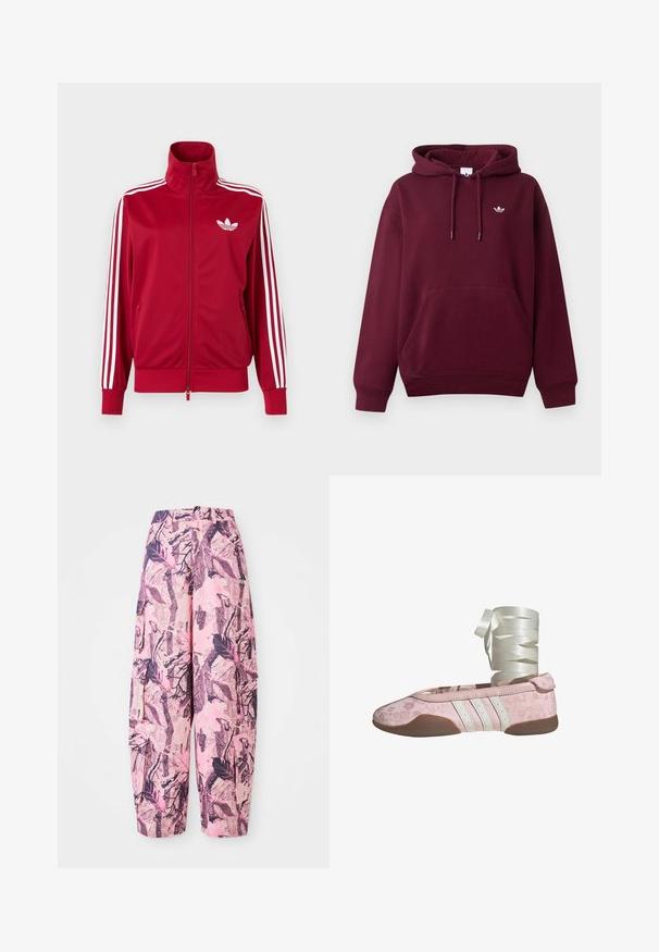 Rød træningstrøje med hvide tre-stribe detaljer på ærmerne, fuld lynlås foran, høj krave og hvidt Adidas trefoil-logo på brystet.; Vinrød hættetrøje med forlommekængurulomme, snørelukning i hætten, ribstrikkede manchetter og kant samt lille hvid trefoil-logo på venstre bryst.; Lyserøde og lilla mønstrede vide bukser har et blad- og grenmønster, med høj talje og sidelommer for ekstra funktionalitet.; Lyserød balletsko med blomstermønster, hvide læderdetaljer og tre hvide striber. Har en blød sål og bånd til snøring.