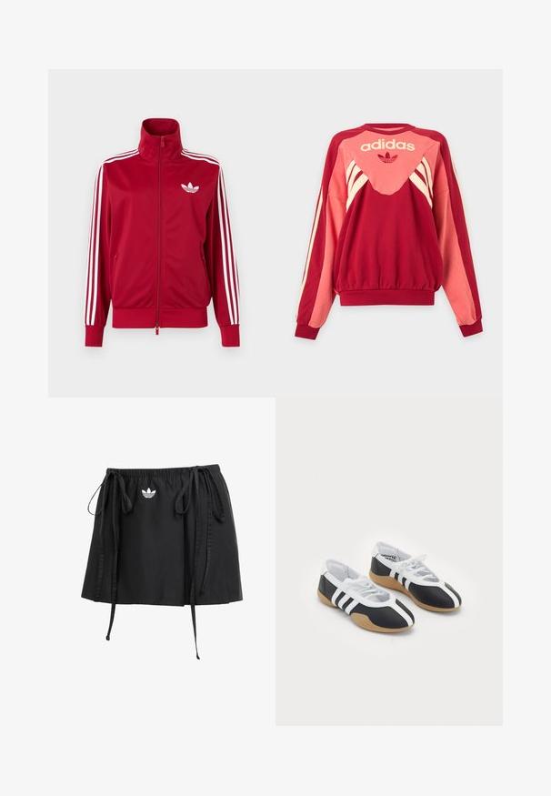 Rode trainingsjas met witte drie-streep details op de mouwen, volledige rits aan de voorkant, hoge kraag en wit Adidas trefoil-logo op de borst.; Rode en roze Adidas trui met lange mouwen, crèmekleurige strepen, logo en klaverblad symbool aan de voorkant tegen een lichte achtergrond.; Zwarte sport rok met verstelbare trekkoorden, met een klein wit logo aan de voorkant. Gemaakt van lichtgewicht stof met een zachte textuur.; Zwart-witte sport schoenen met een slank ontwerp, rubberen zool, vetersluiting en drie witte strepen aan de zijkanten.