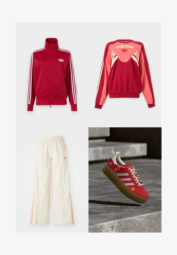 Červená tréningová bunda s bielymi tromi pruhmi na rukávoch, celoprepínací zips vpredu, vysoký golier a biele logo Adidas trefoil na hrudi.; Červená a ružová mikina Adidas s dlhými rukávmi, krémovými pruhmi, logom a symbolom trojlístka na prednej strane na svetlom pozadí.; Krémové široké nohavice s elastickým pásom, s oranžovými bočnými pruhmi a malým oranžovým logom na prednej strane.; Červená teniska s kvetinovou výšivkou, bielymi pruhmi a krémovými detailmi. Má hrubú hnedú podrážku, ploché šnúrky a značkovú štítkovú jazykovú nálepku.