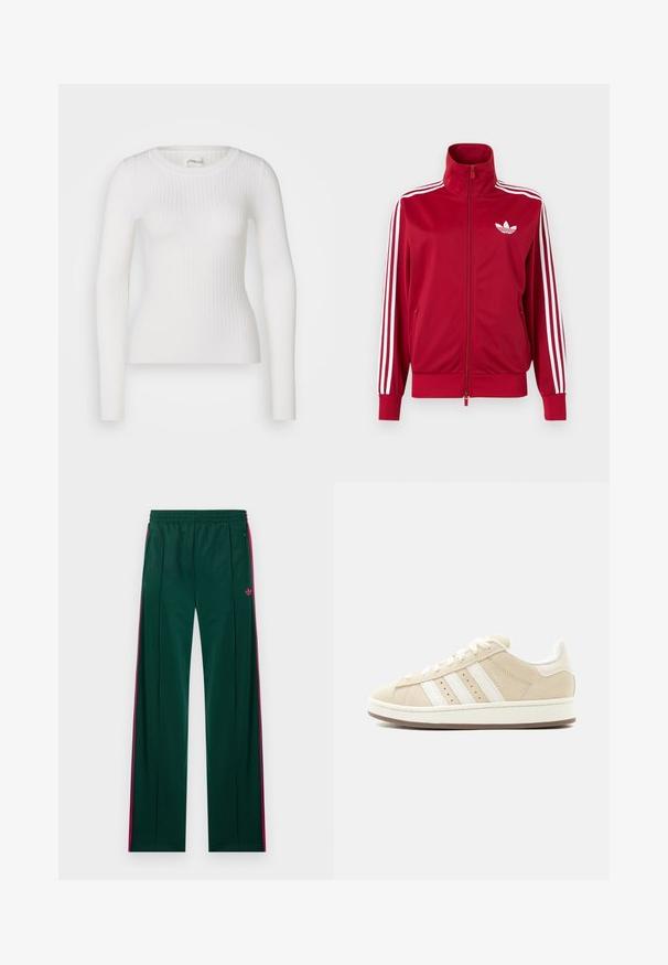 Červená tréningová bunda s bielymi tromi pruhmi na rukávoch, celoprepínací zips vpredu, vysoký golier a biele logo Adidas trefoil na hrudi.; Biely dlhý rukáv ribbed top s okrúhlym výstrihom. Tkanina je hladká, s jemnou textúrou a priliehavým strihom. Žiadne viditeľné kovanie ani vzory.; Tmavozelené tepláky s ružovými pruhmi po stranách, vreckami na zips, elastickým pásom a malým ružovým logom Adidas na pravej strane.; Béžová semišová nízka teniska s bielymi šnúrkami, tromi bielymi pruhmi na boku a detailom s nápisom „CAMPUS".