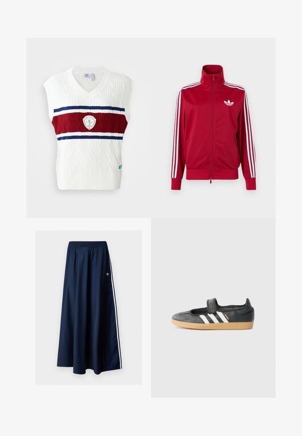 Rode trainingsjas met witte drie-streep details op de mouwen, volledige rits aan de voorkant, hoge kraag en wit Adidas trefoil-logo op de borst.; Witte mouwloze vest met kabelgebreide textuur, voorzien van een rood en blauwe gestreepte band en een cirkelvormig logo. Ribgebreide halslijn en zoom.; Donkerblauwe maxi-rok met elastische tailleband, twee witte zijstrepen en een klein wit Adidas-logo aan de linkerkant.; Zwarte leren en suède sneaker met een klittenbandsluiting, voorzien van drie witte strepen en een gumzool, met de naam "SAMBA" aan de zijkant.