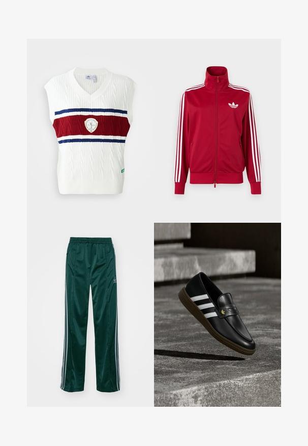 Chaqueta deportiva roja con detalles de tres franjas blancas en las mangas, cremallera completa en el frente, cuello alto y el logo de trébol de Adidas en blanco en el pecho.; Chaleco sin mangas blanco con textura de punto trenzado, que presenta una banda a rayas roja y azul y un logotipo circular. Cuello y dobladillo acanalados.; Pantalones deportivos de color verde oscuro, hechos de un material brillante, con franjas laterales en gris claro y un logotipo bordado en la pierna izquierda.; Mocasín de cuero negro con rayas blancas y suela marrón, colocado sobre escaleras de hormigón que proyectan una sombra en el suelo.