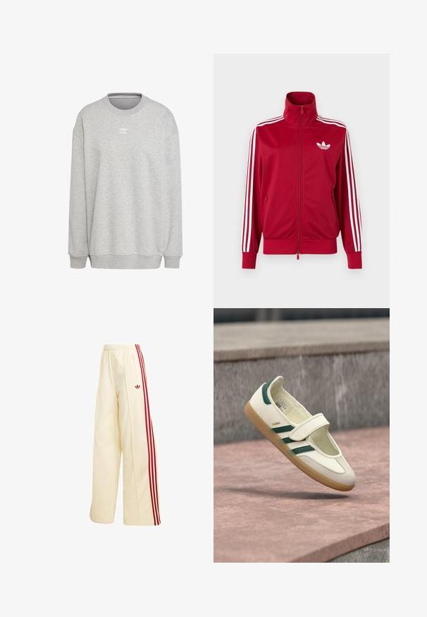 Rote Trainingsjacke mit weißen Drei-Streifen-Details an den Ärmeln, durchgehendem Frontreißverschluss, hohem Kragen und weißem Adidas-Trefoil-Logo auf der Brust.; Grauer Sweatshirt aus weichem Stoff, mit Rundhalsausschnitt, langen Ärmeln, gerippten Bündchen und Saum, sowie einem kleinen weißen Logo auf der Vorderseite.; Cremefarbene weite Trainingshose mit roten Seitenstreifen, elastischem Bund, Reißverschlusstasche und rotem Adidas-Logo am Oberschenkel.; Weißer Lederschuh mit grünen Streifen, runde Spitze, durch einen Riemen gesichert. Gummisohle, minimalistisches Design, erhöhter Steppstich entlang der oberen Kanten.