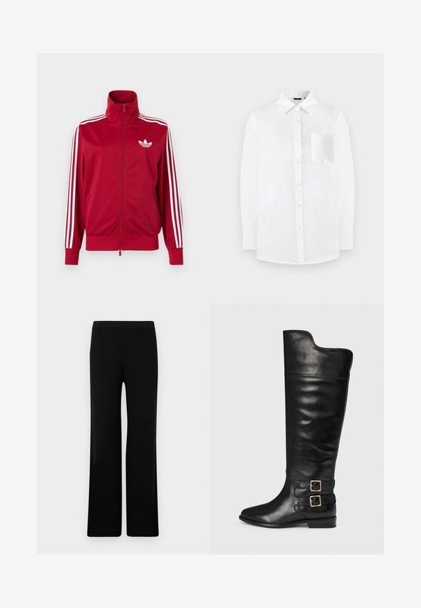 Rode trainingsjas met witte drie-streep details op de mouwen, volledige rits aan de voorkant, hoge kraag en wit Adidas trefoil-logo op de borst.; Witte blouse van lichtgewicht stof. Heeft een klassiek kraag, lange mouwen en een enkele borstzak met een gladde textuur.; Zwarte wijde broek met een soepele textuur en elastische tailleband, voorzien van een geribbelde structuur. Eenvoudige en veelzijdige snit.; Zwarte leren kniehoge laarzen met een gladde afwerking, spitse neus en twee gespsieraden aan de buitenkant. Vlakke hak.