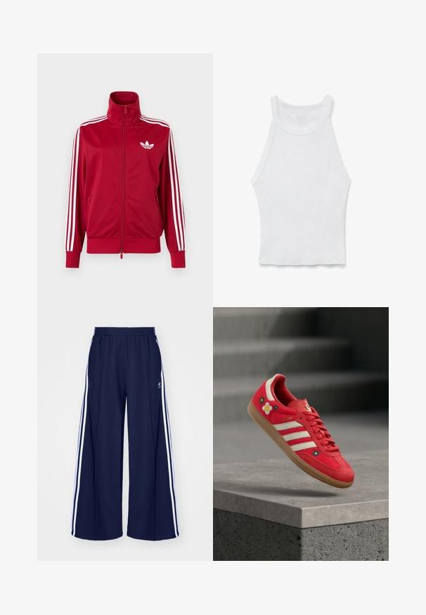 Chaqueta deportiva roja con detalles de tres franjas blancas en las mangas, cremallera completa en el frente, cuello alto y el logo de trébol de Adidas en blanco en el pecho.; Camiseta de tirantes blanca con canalé, cuello alto y silueta ajustada, colocada plana sobre un fondo blanco.; adidas Originals PANT - Pantalones deportivos - night indigo; Zapatilla deportiva roja con rayas blancas, bordado floral y suela de goma. Tela lisa con detalles de ante. Modelo: Samba.