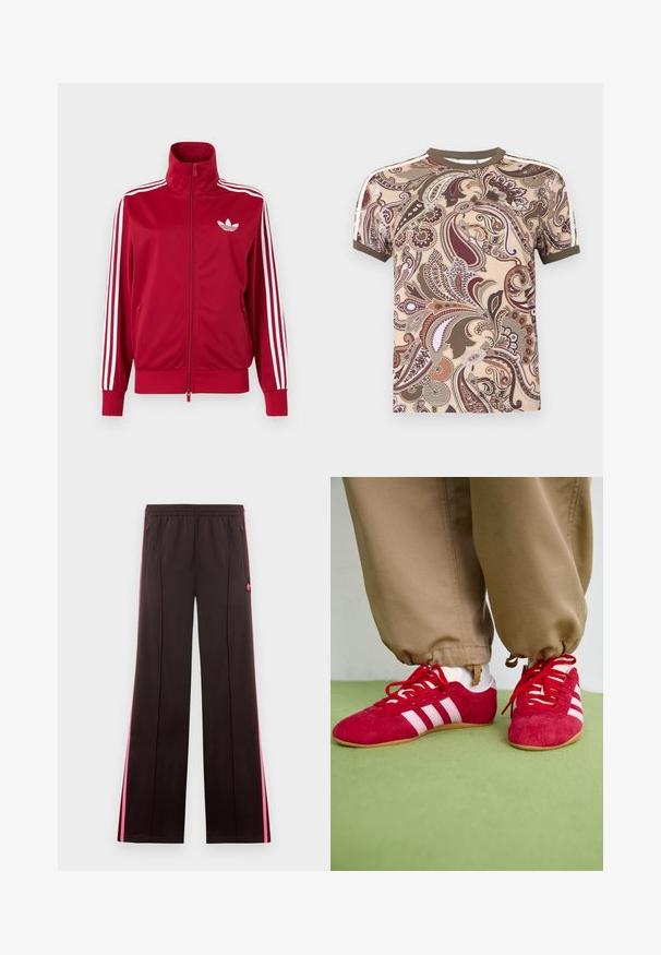 Červená tréningová bunda s bielymi tromi pruhmi na rukávoch, celoprepínací zips vpredu, vysoký golier a biele logo Adidas trefoil na hrudi.; Tričko s krátkym rukávom s olivovo zeleným lemovaním, zdobené zložitým vzorom paisley v odtieňoch béžovej, hnedej a bordovej.; Čierne športové nohavice s ružovými bočnými pruhmi, elastickým pásom, vreckami so zipsom a logom Adidas na ľavom stehne.; Červené semišové športové topánky s bielymi pruhmi, plochou gumovou podrážkou a červenými šnúrkami. Nosia sa s béžovými nohavicami, umiestnené na zelenej ploche.