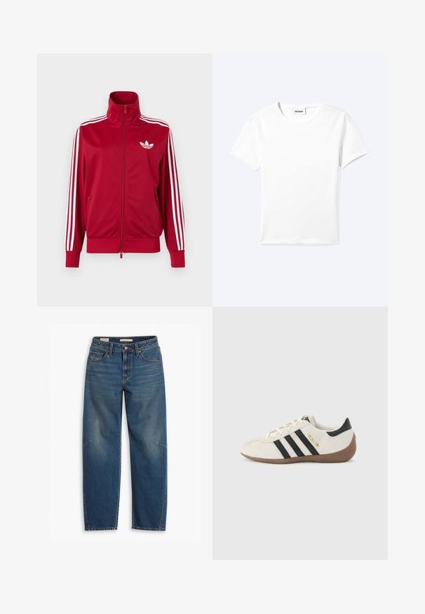 Rød træningstrøje med hvide tre-stribe detaljer på ærmerne, fuld lynlås foran, høj krave og hvidt Adidas trefoil-logo på brystet.; Ensfarvet hvid t-shirt med korte ærmer og rund halsudskæring med en lille "WEEKDAY" label indeni halskanten, vist fladt på en lys baggrund.; Blå denim jeans med en afslappet pasform, der har høj talje, lige ben, synligt syning og en lille detalje på venstre knæ.; Hvid Adidas-sneaker med sorte striber, brun tekstureret sål og "SPEZIAL" i guldbogstaver på siden, set fra ydersiden.