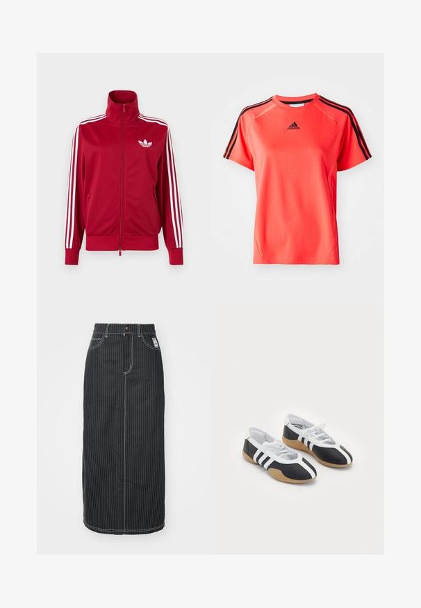 Chaqueta deportiva roja con detalles de tres franjas blancas en las mangas, cremallera completa en el frente, cuello alto y el logo de trébol de Adidas en blanco en el pecho.; Camiseta deportiva de manga corta en un brillante color coral, fabricada con un tejido ligero. Presenta el logo de Adidas en negro y tres rayas negras en cada hombro.; Falda midi de mezclilla negra con rayas verticales blancas. Presenta una cintura con botones, dos bolsillos delanteros y costuras de contraste. Diseño ajustado recto.; Zapatillas deportivas en blanco y negro con un diseño elegante, suela de goma, cierre de cordones y tres franjas blancas en los lados.
