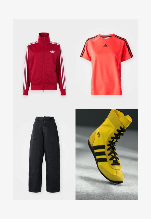 Rode trainingsjas met witte drie-streep details op de mouwen, volledige rits aan de voorkant, hoge kraag en wit Adidas trefoil-logo op de borst.; Korte mouwen, fel koraalkleurig sport T-shirt gemaakt van lichtgewicht stof. Heeft een zwart Adidas-logo en drie zwarte strepen op elke schouder.; Zwarte denim cargo broek met wijde been, hoge taille, twee grote voorkanten zakken en een knoopsluiting bij de taille. Soepele textuur, casual ontwerp.; Hoge sneakers van gele synthetische materialen, met zwarte veters, drie zwarte strepen en branding op de zijkant. Gekreukt rubberen zool.