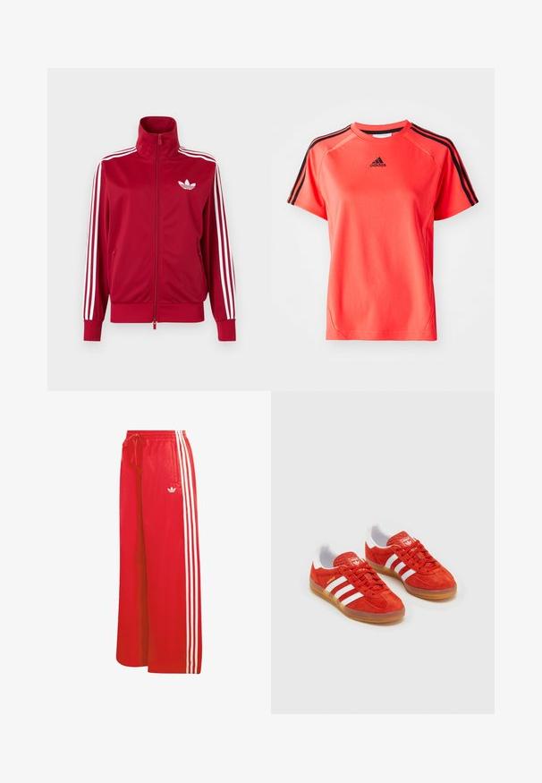 Rote Trainingsjacke mit weißen Drei-Streifen-Details an den Ärmeln, durchgehendem Frontreißverschluss, hohem Kragen und weißem Adidas-Trefoil-Logo auf der Brust.; Kurze Ärmel, leuchtend korallfarbendes Sport-T-Shirt aus leichtem Stoff. Mit schwarzem Adidas-Logo und drei schwarzen Streifen auf jeder Schulter.; Rote Sporthose aus leichtem Material, mit weitem Bein, elastischem Bund, Kordelzug und drei weißen Streifen auf jeder Seite.; Rote Wildleder-Sneaker mit weißen Streifen, Gummi-Sohle, gepolstertem Kragen und Logo auf der Zunge. Klassisches Design mit strukturiertem Obermaterial.