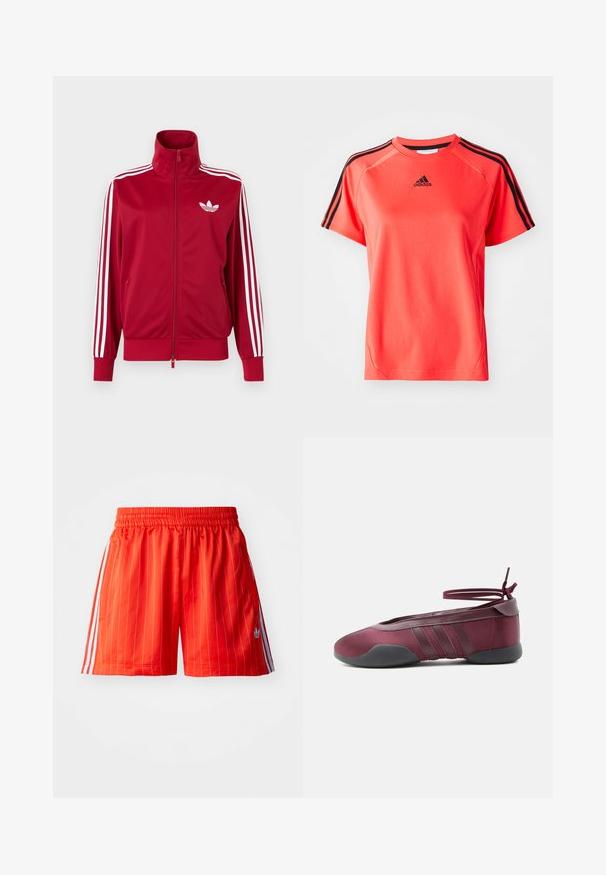 Červená tréningová bunda s bielymi tromi pruhmi na rukávoch, celoprepínací zips vpredu, vysoký golier a biele logo Adidas trefoil na hrudi.; Tričko s krátkym rukávom v jasne koralovej farbe vyrobené z ľahkého materiálu. Obsahuje čierne logo Adidas a tri čierne pruhy na každom ramene.; Červené športové šortky s vertikálnymi bielymi pruhmi, elastickým pásom a svetlomodrými akcentmi po stranách. Obsahujú bočné vrecká.; Burgundské balerínky s čiernou podrážkou, elastickými remienkami na členku zviazanými do mašle a prešívanými detailmi na bokoch, zobrazené z vonkajšej strany.