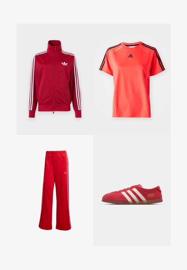 Rød træningstrøje med hvide tre-stribe detaljer på ærmerne, fuld lynlås foran, høj krave og hvidt Adidas trefoil-logo på brystet.; Kortærmet, lys koralfarvet sportstrøje lavet af letvægtsstof. Har sort Adidas-logo og tre sorte striber på hver skulder.; Røde atletiske bukser med brede ben, elastisk talje og sidelomme med lynlås. Har et lille hvidt logo på venstre side. Glat tekstur.; Røde ruskinds sneakers med hvidt tre-stripes design, flad ydersål og guld logo detalje. Lavskåren design med afrundet tå og snørebåndslukning.