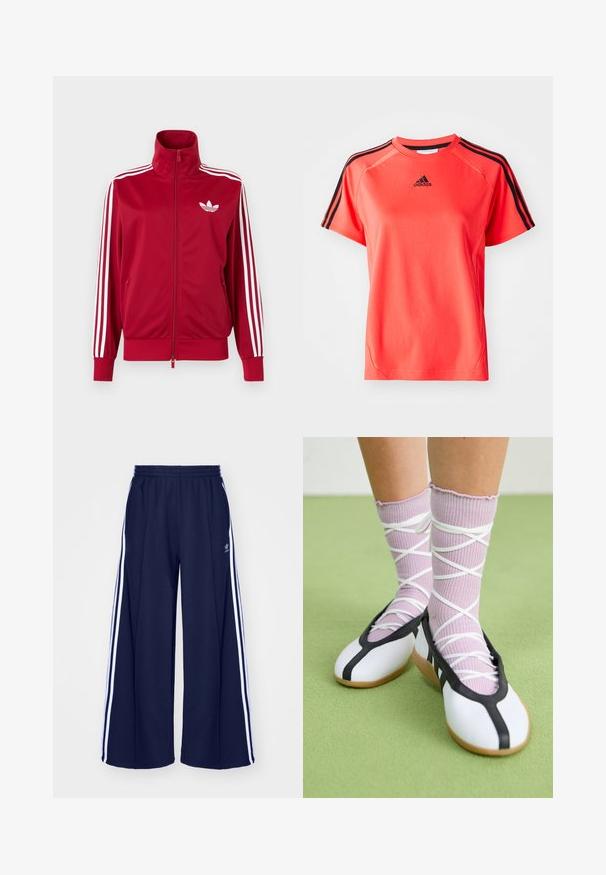 Rote Trainingsjacke mit weißen Drei-Streifen-Details an den Ärmeln, durchgehendem Frontreißverschluss, hohem Kragen und weißem Adidas-Trefoil-Logo auf der Brust.; Kurze Ärmel, leuchtend korallfarbendes Sport-T-Shirt aus leichtem Stoff. Mit schwarzem Adidas-Logo und drei schwarzen Streifen auf jeder Schulter.; adidas Originals PANT - Jogginghose - night indigo; Beine mit gerippten lavendelfarbenen Socken mit weißen überkreuzten Riemen, kombiniert mit weißen Ballettschuhen mit schwarzem Rand auf grünem Boden.