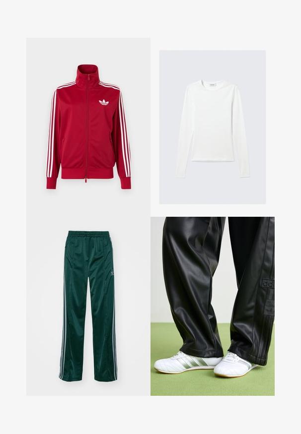 Červená tréningová bunda s bielymi tromi pruhmi na rukávoch, celoprepínací zips vpredu, vysoký golier a biele logo Adidas trefoil na hrudi.; Biele jednofarebné tričko s dlhým rukávom a okrúhlym výstrihom s priliehavým strihom, zobrazené na svetlosivom pozadí.; Tmavozelené športové nohavice vyrobené z lesklého materiálu, s bočnými pruhmi v svetlošedej farbe a vyšitým logom na ľavom stehne.; Čierne nohavice z umelej kože s voľným strihom, s hladkým povrchom a bočnými pruhmi. V páre s bielymi teniskami so striebornými detailmi.