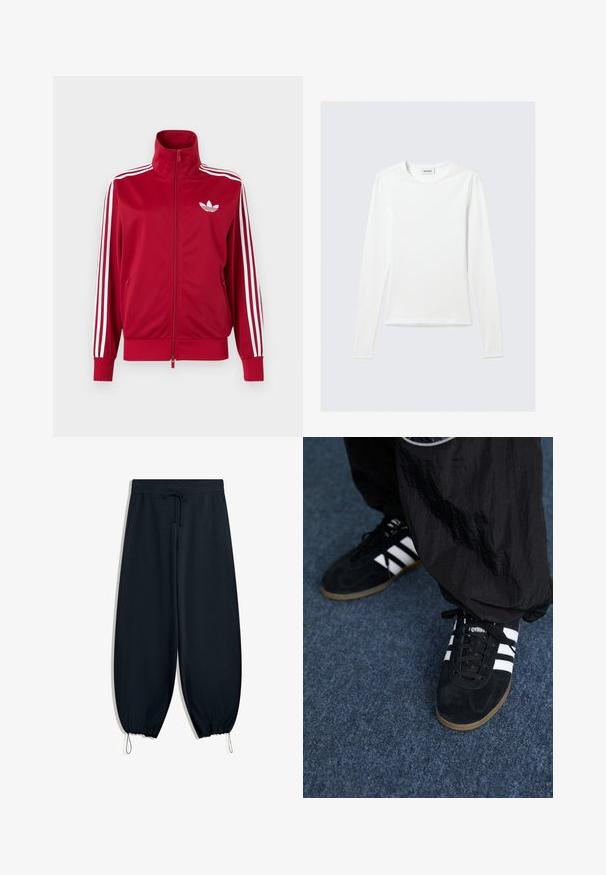 Červená tréningová bunda s bielymi tromi pruhmi na rukávoch, celoprepínací zips vpredu, vysoký golier a biele logo Adidas trefoil na hrudi.; Biele jednofarebné tričko s dlhým rukávom a okrúhlym výstrihom s priliehavým strihom, zobrazené na svetlosivom pozadí.; Čierne teplákové nohavice vyrobené z mäkkej tkaniny, s elastickým pásom so šnúrkou, zúženými členkami a bočnými vreckami.; Čierne roháčiky z semišu so tromi bielymi pruhmi a čiernymi šnúrkami. Texturované čierne nohavice sú čiastočne viditeľné vedľa topánok.