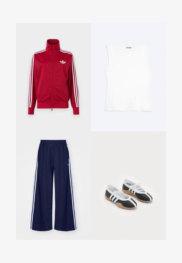 Veste de survêtement rouge avec trois bandes blanches sur les manches, fermeture éclair intégrale à l'avant, col montant et logo trefoil Adidas blanc sur la poitrine.; Débardeur blanc ajusté sans manches avec un col rond et un design minimaliste, étiqueté "WEEKDAY" à l'intérieur du col.; adidas Originals PANT - Pantalon de survêtement - night indigo; Baskets de sport noir et blanc au design élégant, semelle en caoutchouc, fermeture à lacets et trois rayures blanches sur les côtés.