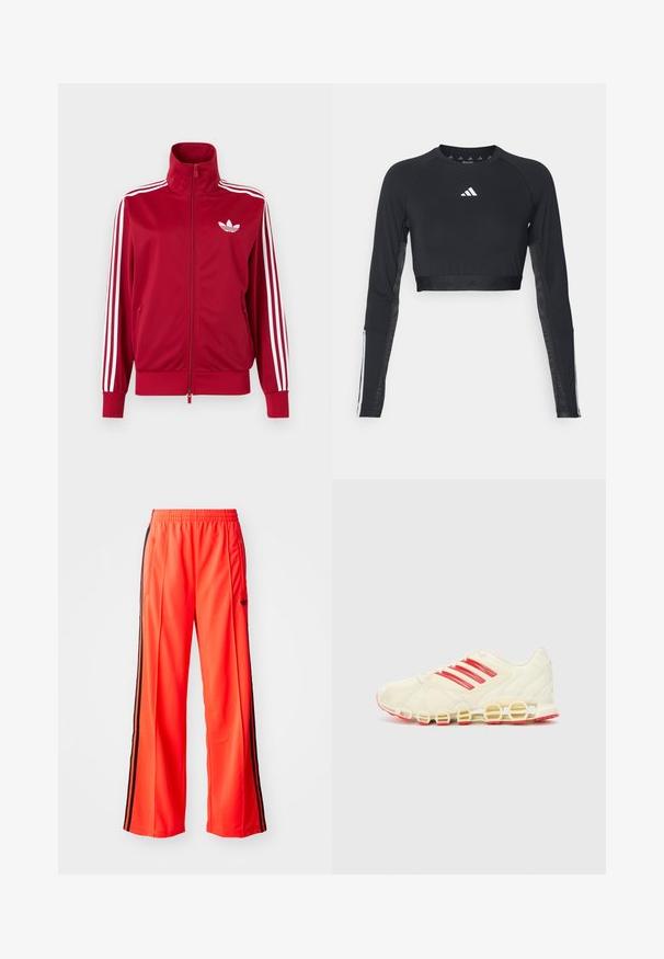 Červená tréningová bunda s bielymi tromi pruhmi na rukávoch, celoprepínací zips vpredu, vysoký golier a biele logo Adidas trefoil na hrudi.; Čierny krátky športový top s dlhým rukávom vyrobený z hladkej textílie. Obsahuje biele logo na hrudi a pruhované detaily na rukávoch.; Jasne oranžové športové nohavice so širším strihom, so čiernymi bočnými pruhmi a elastickým pásom. Obsahujú tiež zipsovú kapsu.; Športová obuv s krémovo bielym zvrškom, červenými pruhmi na boku a charakteristickou slučkovou podrážkou; sieťovina zabezpečuje priedušnosť.