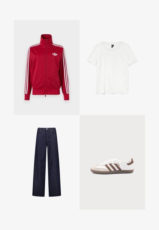 Rote Trainingsjacke mit weißen Drei-Streifen-Details an den Ärmeln, durchgehendem Frontreißverschluss, hohem Kragen und weißem Adidas-Trefoil-Logo auf der Brust.; Weißes T-Shirt mit kurzen Ärmeln und rundem Ausschnitt, hergestellt aus leichtem Stoff. Schlichtes Design, glatte Textur und gerader Saum.; Weite Jeanshose mit einem dunkelblauen und weißen vertikalen Streifenmuster, ausgestattet mit zwei Fronttaschen und einem klassischen Knopfverschluss.; Weißer Adidas Samba Sneaker mit braunen Wildlederstreifen, brauner Gummisohle und beiger Wildlederkappe, von der Außenseite auf schlichtem Hintergrund gezeigt.