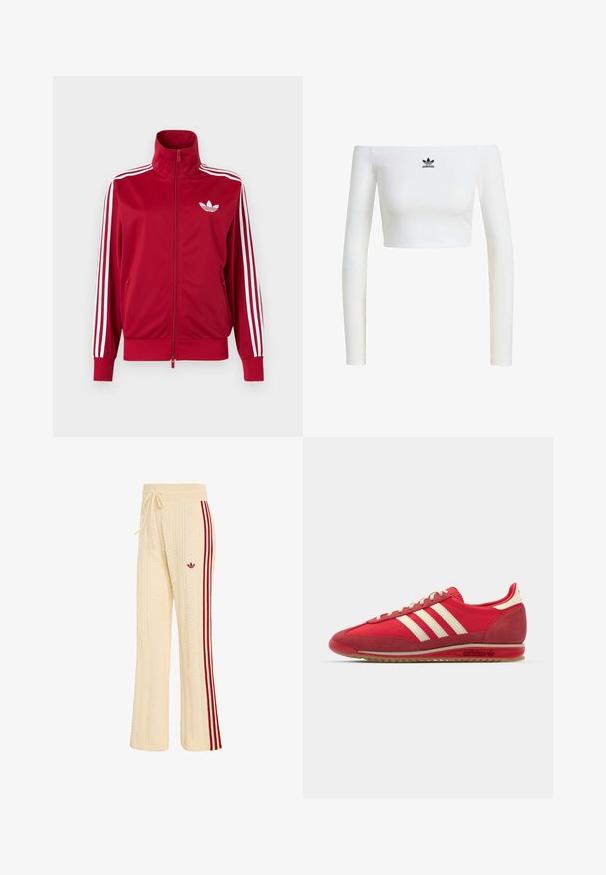 Rode trainingsjas met witte drie-streep details op de mouwen, volledige rits aan de voorkant, hoge kraag en wit Adidas trefoil-logo op de borst.; Witte off-shoulder crop top van ribstof, met lange mouwen en een klein zwart Adidas-logo aan de voorkant.; Crèmekleurige gebreide broek met rood Adidas-logo en drie rode strepen aan de zijkant, met een trekkoord in de taille en een textuurpatroon.; Rode sportieve sneaker met een gestructureerde bovenzijde, drie witte strepen, ronde neus en een rubberen zool met logo-details aan de zijkant.