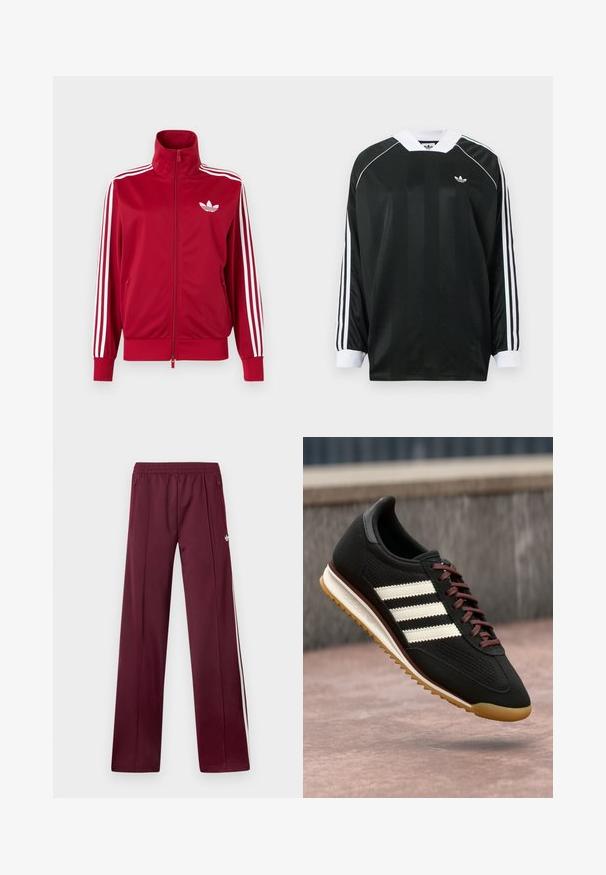 Chaqueta deportiva roja con detalles de tres franjas blancas en las mangas, cremallera completa en el frente, cuello alto y el logo de trébol de Adidas en blanco en el pecho.; Camiseta negra de manga larga con escote en V, con rayas verticales, detalles en blanco y tres rayas blancas en cada manga. Pequeño logo en el pecho.; Pantalones deportivos burdeos con cinturilla elástica, bolsillos laterales con cremallera, rayas blancas a los lados y un pequeño logotipo blanco de Adidas en el muslo derecho.; Zapato deportivo negro con parte superior texturizada, tres rayas blancas, cordones marrones y suela de goma. Diseño moderno con silueta de perfil bajo.