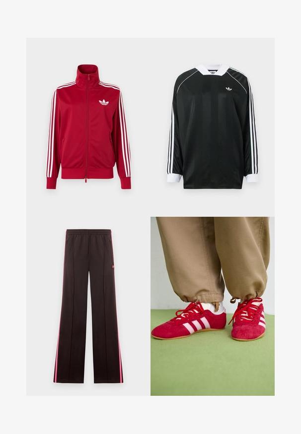Rode trainingsjas met witte drie-streep details op de mouwen, volledige rits aan de voorkant, hoge kraag en wit Adidas trefoil-logo op de borst.; Zwart shirt met lange mouwen en een V-hals, met verticale strepen, witte accenten en drie witte strepen op elke mouw. Klein logo op de borst.; Zwarte sportbroek met roze zijstrepen, elastische tailleband, ritssluitingenaan zakken en Adidas-logo op linker bovenbeen.; Rode suède sportschoenen met witte strepen, vlakke rubberen zool en rode veters. Draag met beige broeken, gepositioneerd op een groene ondergrond.