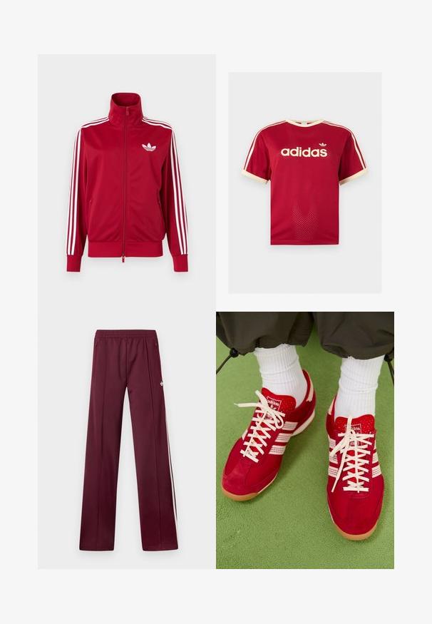 Punane jope valgete kolme triibuga varrukatel, täis ees lukk, kõrge krae ja valge Adidas trefoili logo rinnal.; Punane Adidas võrgust meeste särk beeži äärega krae, varrukate ja kolmekordsete triipude juures õlgadel, esiküljel Adidas logo ja tekstiga.; Tumepunased spordipüksid elastse vöökohaga, külgedel lükandtaskud, valged küljestriibud ja väike valge Adidas logo paremal reiel.; Punane sametist ja võrgusilma sportlikud kingad valgete triipude ja paeltega. Kummist talla. Kandsid valgeid ribakaitsepükse rohelisel tekstureeritud pinnal.