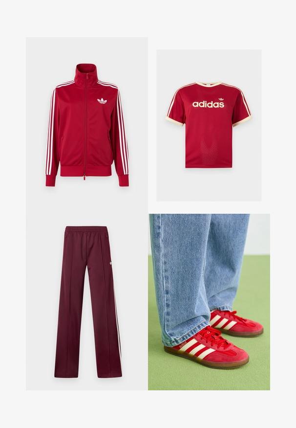 Chaqueta deportiva roja con detalles de tres franjas blancas en las mangas, cremallera completa en el frente, cuello alto y el logo de trébol de Adidas en blanco en el pecho.; Camiseta de malla roja Adidas con ribetes beige en el cuello, las mangas y las tres rayas en los hombros, con el logo de Adidas y texto en el frente.; Pantalones deportivos burdeos con cinturilla elástica, bolsillos laterales con cremallera, rayas blancas a los lados y un pequeño logotipo blanco de Adidas en el muslo derecho.; Zapatillas de ante rojas con tres rayas blancas, punta redonda y suela texturizada, combinadas con jeans de mezclilla azul claro sobre un fondo verde.