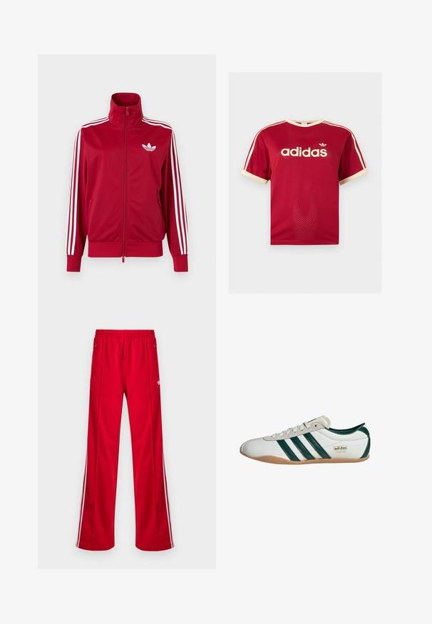 Punane jope valgete kolme triibuga varrukatel, täis ees lukk, kõrge krae ja valge Adidas trefoili logo rinnal.; Punane Adidas võrgust meeste särk beeži äärega krae, varrukate ja kolmekordsete triipude juures õlgadel, esiküljel Adidas logo ja tekstiga.; Punased spordipüksid lahtise lõikega, elastse vöörihma, kahe küljetasku ja valgete küljeribadega. Valmistatud siledast sünteetilisest materjalist.; Valged tossud roheliste triipudega, sametist ja sünteetilisest materjalist ülemine osa, kummist talla, ümar varvas ja "adidas TOKYO" logo detail.