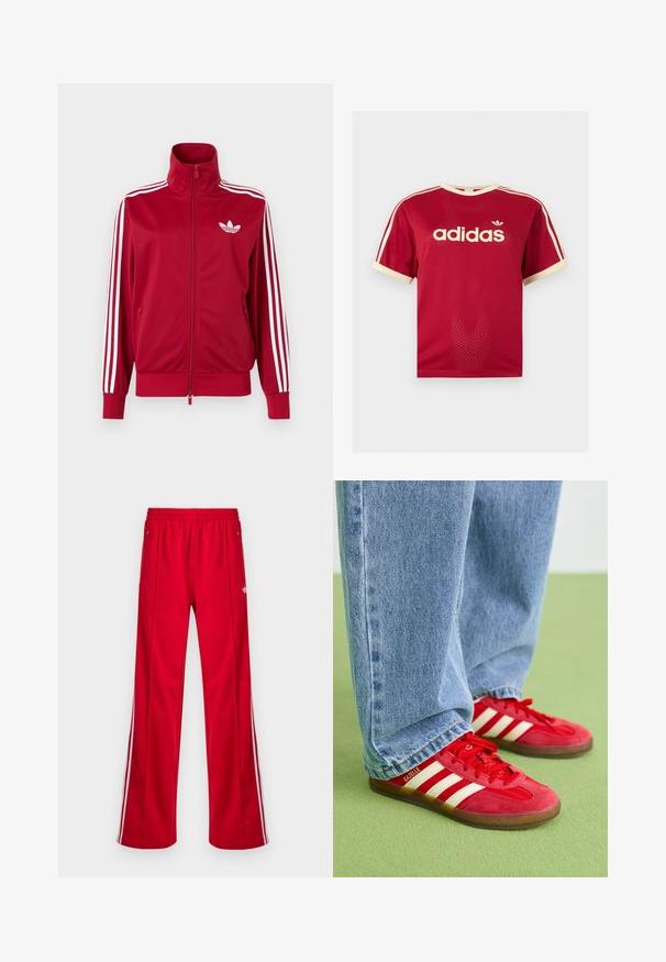Rød træningstrøje med hvide tre-stribe detaljer på ærmerne, fuld lynlås foran, høj krave og hvidt Adidas trefoil-logo på brystet.; Rød Adidas mesh t-shirt med beige kant på krave, ærmer og de tre striber på skuldrene, med Adidas-logo og tekst på fronten.; Røde athletic bukser med løs pasform, elastisk talje, to sidelommer og hvide sidestriber. Fremstillet af glat, syntetisk materiale.; Røde ruskinds sneakers med tre hvide striber, rund tå og tekstureret sål, parret med lyseblå denim jeans på en grøn baggrund.