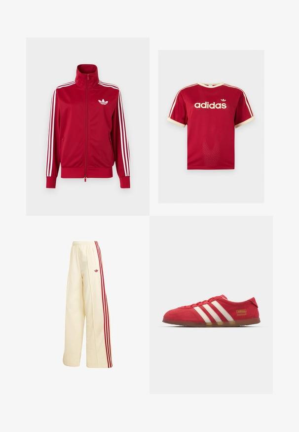 Rød træningstrøje med hvide tre-stribe detaljer på ærmerne, fuld lynlås foran, høj krave og hvidt Adidas trefoil-logo på brystet.; Rød Adidas mesh t-shirt med beige kant på krave, ærmer og de tre striber på skuldrene, med Adidas-logo og tekst på fronten.; Kremfarvede vidde træningsbukser med røde sidelommer, elastisk talje, lynlåslomme og rødt Adidas-logo på låret.; Røde ruskinds sneakers med hvidt tre-stripes design, flad ydersål og guld logo detalje. Lavskåren design med afrundet tå og snørebåndslukning.