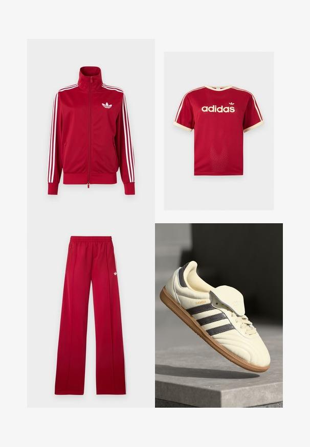 Chaqueta deportiva roja con detalles de tres franjas blancas en las mangas, cremallera completa en el frente, cuello alto y el logo de trébol de Adidas en blanco en el pecho.; Camiseta de malla roja Adidas con ribetes beige en el cuello, las mangas y las tres rayas en los hombros, con el logo de Adidas y texto en el frente.; Pantalones deportivos rojos de pierna ancha con cinturilla elástica, bolsillos laterales con cremallera, rayas blancas a los lados y pequeño logo blanco en el muslo izquierdo.; Zapatilla de cuero crema con tres rayas oscuras, suela de goma marrón y punta redondeada. Cuenta con una lengüeta plegable etiquetada como "SAMBA".
