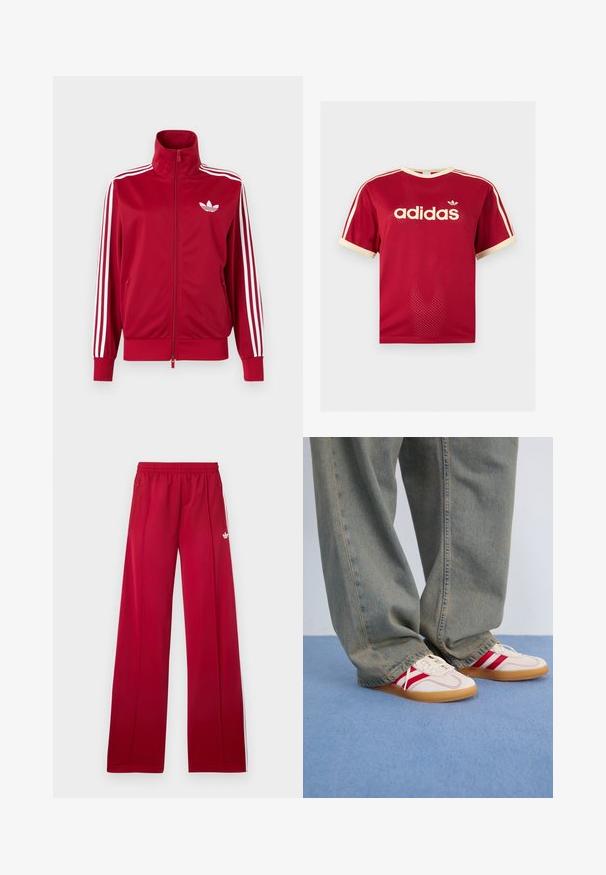 Rote Trainingsjacke mit weißen Drei-Streifen-Details an den Ärmeln, durchgehendem Frontreißverschluss, hohem Kragen und weißem Adidas-Trefoil-Logo auf der Brust.; Rotes Adidas Mesh-T-Shirt mit beigem Besatz am Kragen, an den Ärmeln und den drei Streifen auf den Schultern, mit Adidas-Logo und Schriftzug auf der Vorderseite.; Rote weite Jogginghosen mit elastischem Bund, seitlichen Reißverschlusstaschen, weißen Streifen an den Seiten und kleinem weißem Logo am linken Oberschenkel.; Weiße Sneaker mit roten Streifen, Obermaterial aus strukturiertem Canvas, runde Zehenpartie, flache Gummisohle, kombiniert mit lockeren, ausgebleichten blauen Jeanshosen.