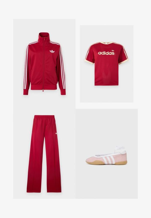 Punane jope valgete kolme triibuga varrukatel, täis ees lukk, kõrge krae ja valge Adidas trefoili logo rinnal.; Punane Adidas võrgust meeste särk beeži äärega krae, varrukate ja kolmekordsete triipude juures õlgadel, esiküljel Adidas logo ja tekstiga.; Punased laia lõikega jooksupüksid elastse vööga, külgedel lukuga taskud, valged triibud külgedel ja väike valge logo vasakul reiel.; adidas Originals TAEKWONDO MEI BALLET - Tossud - clear pink/ftwr white/gum