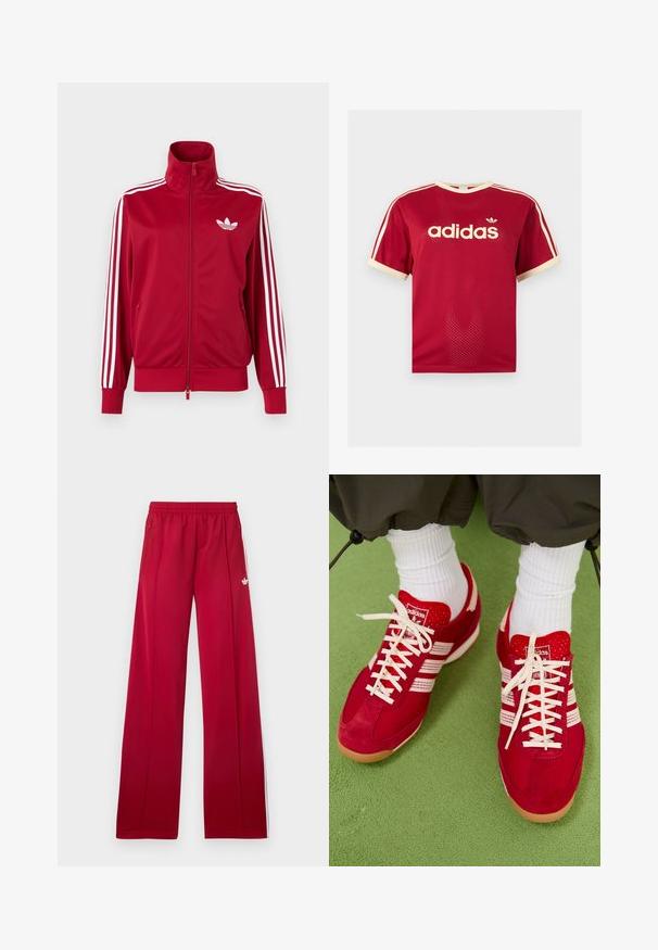 Rote Trainingsjacke mit weißen Drei-Streifen-Details an den Ärmeln, durchgehendem Frontreißverschluss, hohem Kragen und weißem Adidas-Trefoil-Logo auf der Brust.; Rotes Adidas Mesh-T-Shirt mit beigem Besatz am Kragen, an den Ärmeln und den drei Streifen auf den Schultern, mit Adidas-Logo und Schriftzug auf der Vorderseite.; Rote weite Jogginghosen mit elastischem Bund, seitlichen Reißverschlusstaschen, weißen Streifen an den Seiten und kleinem weißem Logo am linken Oberschenkel.; Rote Wildleder- und Mesh-Sportschuhe mit weißen Streifen und Schnürsenkeln. Gummisohle. Getragen mit weißen gerippten Socken auf einer grünen strukturierten Oberfläche.