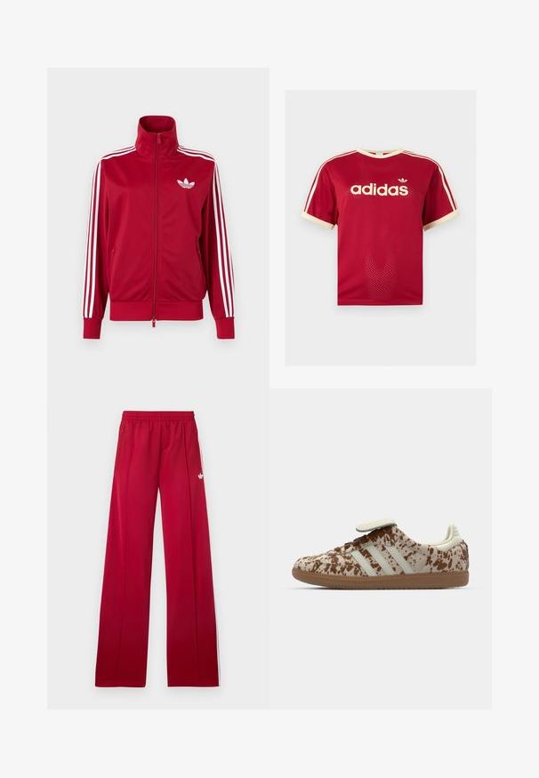 Rode trainingsjas met witte drie-streep details op de mouwen, volledige rits aan de voorkant, hoge kraag en wit Adidas trefoil-logo op de borst.; Rood Adidas mesh t-shirt met beige bies aan de kraag, mouwen en de drie strepen op de schouders, met Adidas-logo en tekst op de voorkant.; Rode trainingsbroek met wijd uitlopende pijpen, elastische tailleband, zijzakken met rits, witte strepen aan de zijkanten en een klein wit logo op de linker dij.; Sneaker met een beige en bruine gespikkelde patroon, voorzien van drie witte strepen, een klittenbandsluiting en een bruine rubberen zool.