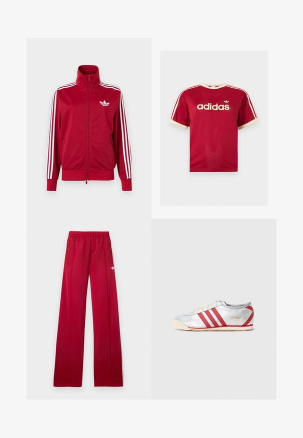 Rote Trainingsjacke mit weißen Drei-Streifen-Details an den Ärmeln, durchgehendem Frontreißverschluss, hohem Kragen und weißem Adidas-Trefoil-Logo auf der Brust.; Rotes Adidas Mesh-T-Shirt mit beigem Besatz am Kragen, an den Ärmeln und den drei Streifen auf den Schultern, mit Adidas-Logo und Schriftzug auf der Vorderseite.; Rote weite Jogginghosen mit elastischem Bund, seitlichen Reißverschlusstaschen, weißen Streifen an den Seiten und kleinem weißem Logo am linken Oberschenkel.; Adidas Sneaker mit einem silbernen Synthetik-Obermaterial, drei roten Streifen, beige Sohle und einem goldenen Logo an der Seite, mit einem flachen Design.