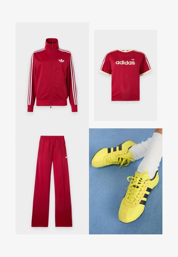 Rød træningstrøje med hvide tre-stribe detaljer på ærmerne, fuld lynlås foran, høj krave og hvidt Adidas trefoil-logo på brystet.; Rød Adidas mesh t-shirt med beige kant på krave, ærmer og de tre striber på skuldrene, med Adidas-logo og tekst på fronten.; Røde trackbukser med brede ben, elastik i taljen, sidelommer med lynlås, hvide striber på siderne og lille hvidt logo på venstre låret.; Lys gule atletiksko med sorte striber og snørebånd; har en struktureret overdel og suedefornum. Brugt med hvide ribbede sokker.