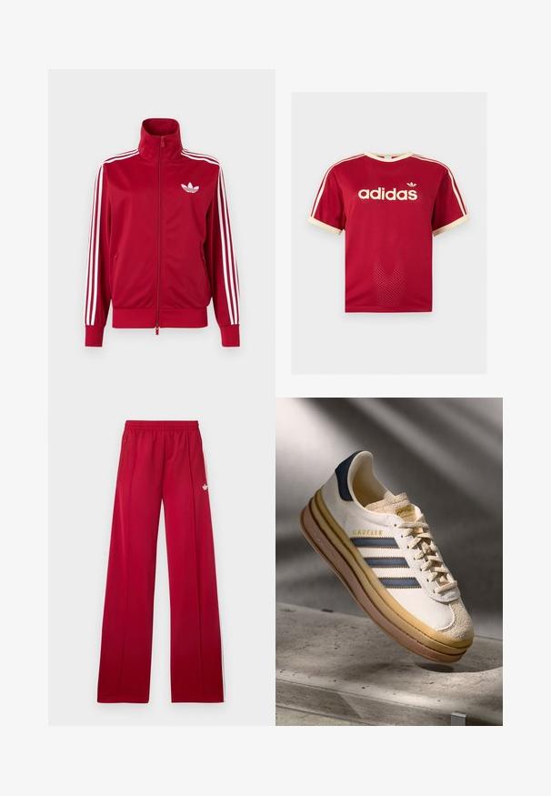 Červená tréningová bunda s bielymi tromi pruhmi na rukávoch, celoprepínací zips vpredu, vysoký golier a biele logo Adidas trefoil na hrudi.; Červené sieťované tričko Adidas s béžovým lemovaním na golieri, rukávoch a troch pruhmi na pleciach, s logom Adidas a textom na prednej strane.; Červené široké teplákové nohavice s elastickým pásom, bočnými zipsovými vreckami, bielymi pruhmi po stranách a malým bielym logom na ľavom stehne.; Tenisky Adidas Gazelle so smotanovým semišovým horným dielom, modrými koženými akcentmi, tromi modrými pruhmi, béžovou medzipodrážkou a hnedou gumovou podrážkou.