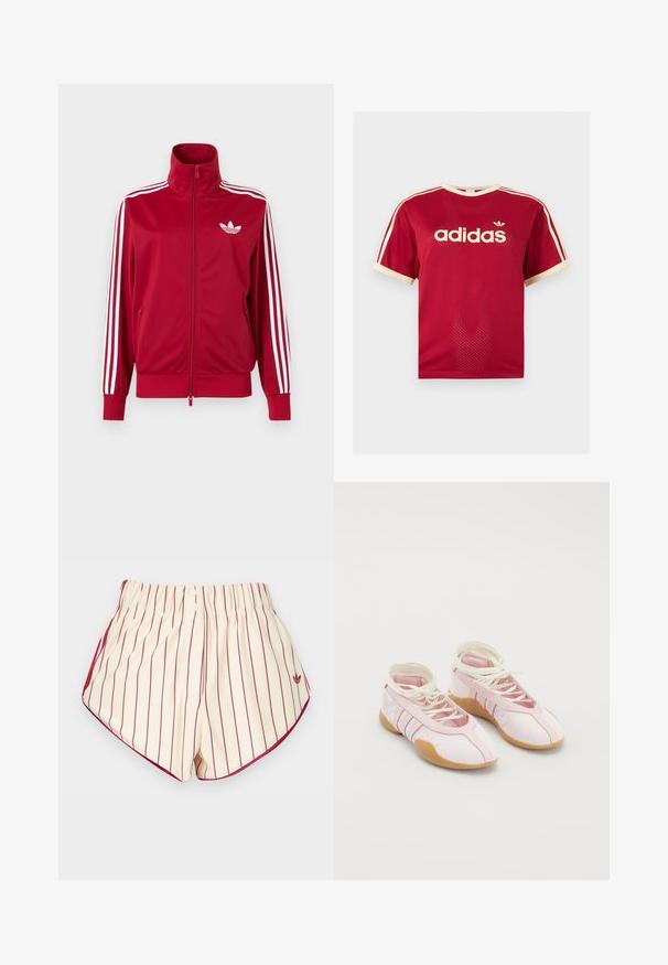 Punainen urheilutakki valkoisilla kolmen raidan yksityiskohdilla hihoissa, koko etuosan vetoketju, korkea kaulus ja valkoinen Adidas-trefoil-logo rinnassa.; Punainen Adidas verkkopaita, jossa on beigeä reunusta kauluksessa, hihoissa ja kolmessa raidassa olkapäillä, etupuolella Adidas-logo ja teksti.; Kermanväriset shortsit, joissa pystysuorat punaiset raidat, joustava vyötärönauha, kaksi edessä olevaa nappia ja punainen reunus kaarevien helmien kohdalla.; Vaaleanpunaiset kangaskengät, joissa on pehmeä pinta, nauhakiinnitys ja kumipohja. Koristetehosteet ja kolme raitaa sivussa.