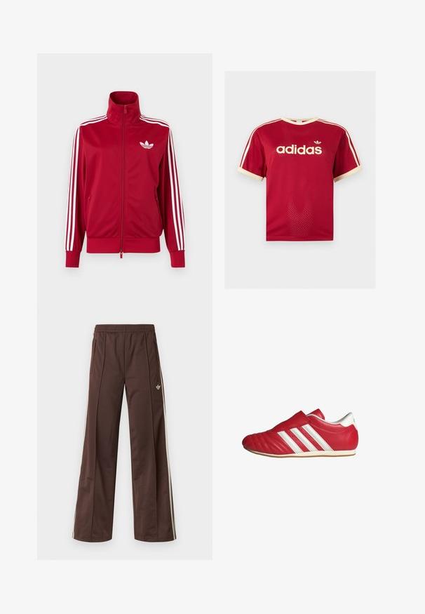Punane jope valgete kolme triibuga varrukatel, täis ees lukk, kõrge krae ja valge Adidas trefoili logo rinnal.; Punane Adidas võrgust meeste särk beeži äärega krae, varrukate ja kolmekordsete triipude juures õlgadel, esiküljel Adidas logo ja tekstiga.; Pruunid sportpüksid laiade säärtega, valgete küljeribadega, elastse vöökohaga ja kahe küljetaskuga. Jalal on väike logo.; Punane nahast spordijalats ümara kärgiga, tekstuuriga pealispind, valged küljeribad ja Velcro rihm. Lame kummisele, et tagada haardumine.
