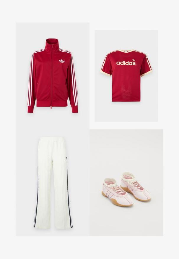 Chaqueta deportiva roja con detalles de tres franjas blancas en las mangas, cremallera completa en el frente, cuello alto y el logo de trébol de Adidas en blanco en el pecho.; Camiseta de malla roja Adidas con ribetes beige en el cuello, las mangas y las tres rayas en los hombros, con el logo de Adidas y texto en el frente.; Pantalones de color crema claro, de tejido de punto con diseño acampanado. Presentan franjas laterales en azul oscuro y un logo de Adidas en la cadera. Cintura elástica.; Zapatillas de lona rosa con una textura suave, que presentan un diseño de cordones y una suela de goma. Detalles decorativos y tres franjas en el lateral.