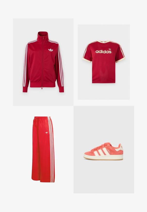 Chaqueta deportiva roja con detalles de tres franjas blancas en las mangas, cremallera completa en el frente, cuello alto y el logo de trébol de Adidas en blanco en el pecho.; Camiseta de malla roja Adidas con ribetes beige en el cuello, las mangas y las tres rayas en los hombros, con el logo de Adidas y texto en el frente.; Pantalones deportivos rojos hechos de material ligero, con un diseño de pierna ancha, cintura elástica, cordón ajustable y tres rayas blancas en cada lado.; Zapatillas de ante rosa con rayas crema, cordones redondos y una lengüeta texturizada. Presenta una suela de goma y un logo en el talón.